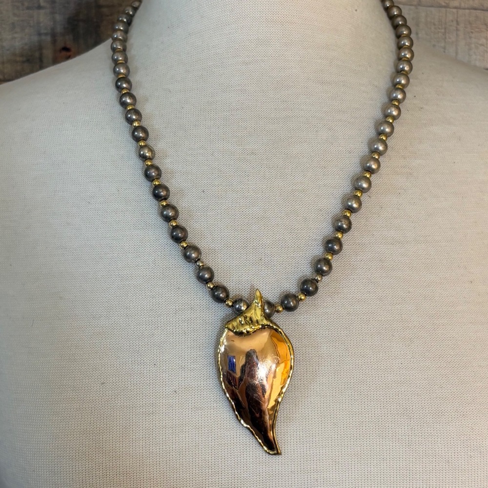 Mixed Metal Beaded Necklace with Large Copper Tone Organic Shell Pendant